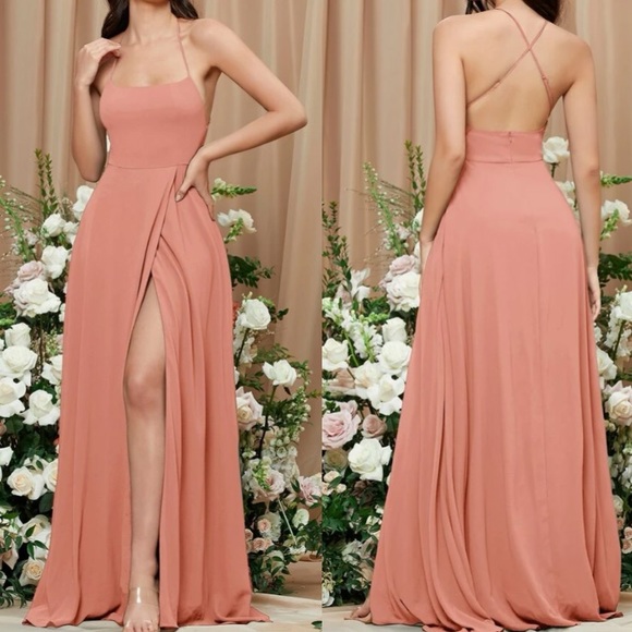 Luxe dusty blue crisscross back slit thigh party bridesmaids formal maxi dress - Picture 14 of 16